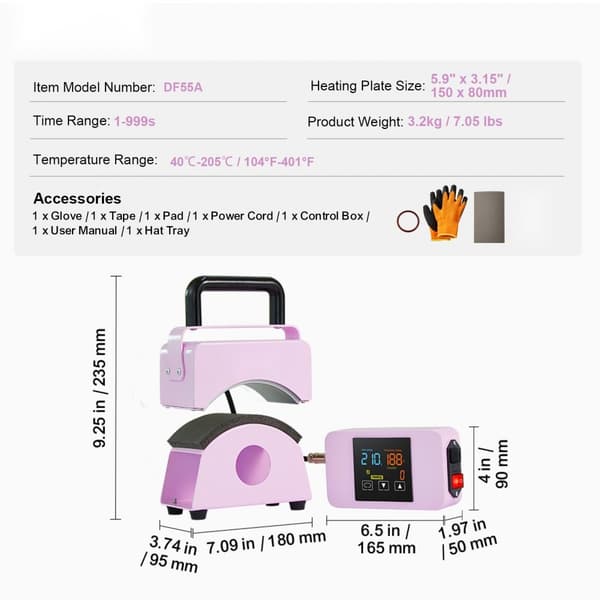 Värmepressmaskin Mini Hatt, Hat Press för Kepsar, 5,9x3,15 tum, Lila, Snabb Uppvärmning, Digital Temperaturkontroll