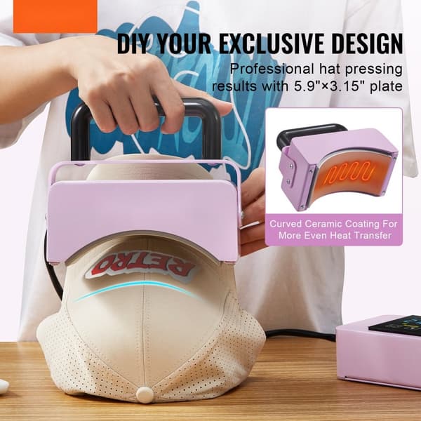 Värmepressmaskin Mini Hatt, Hat Press för Kepsar, 5,9x3,15 tum, Lila, Snabb Uppvärmning, Digital Temperaturkontroll