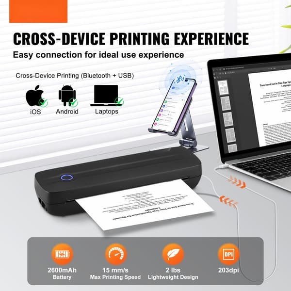 Bærbar trådløs blækfri printer 2600 mAh, ideel til rejser og hjemmet, kompakt design, høj kvalitet udskrift.