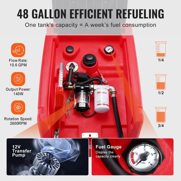 Bärbar 48 Gallon Bränsletank, Diesel- och Bensin, 12V Pump, Snabb Överföring, Perfekt för Camping och Fritidsbruk