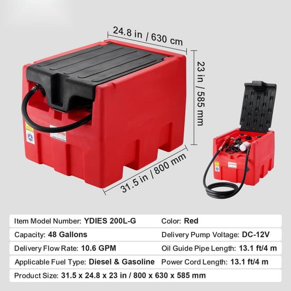 Bärbar 48 Gallon Bränsletank, Diesel- och Bensin, 12V Pump, Snabb Överföring, Perfekt för Camping och Fritidsbruk