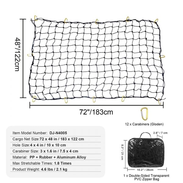Heavy Duty Bungee Cargo Net 7,2' x 10,8' - Strækbart Cargo Net til Lastbiler, Robust og Holdbart.