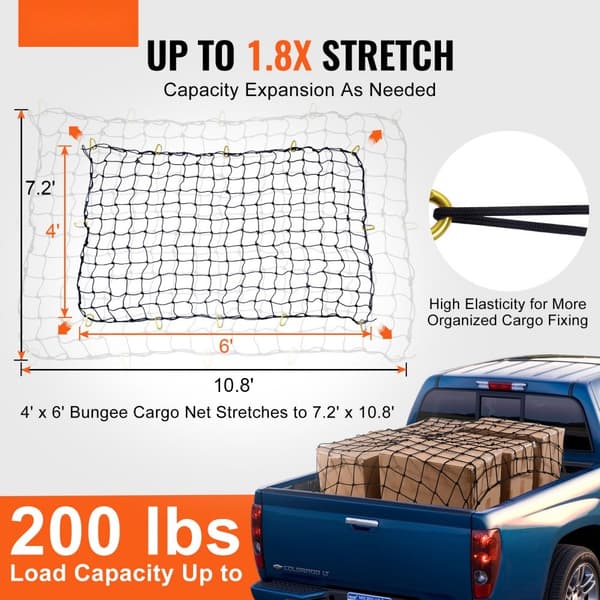 Heavy Duty Bungee Cargo Net 7,2' x 10,8' - Strækbart Cargo Net til Lastbiler, Robust og Holdbart.