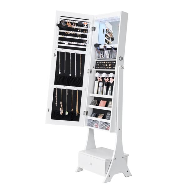 Spegel Smyckesskåp Stående med Förvaring, Full Längd, Vit, Elegant Design, Praktiskt för Smycken och Accessoarer