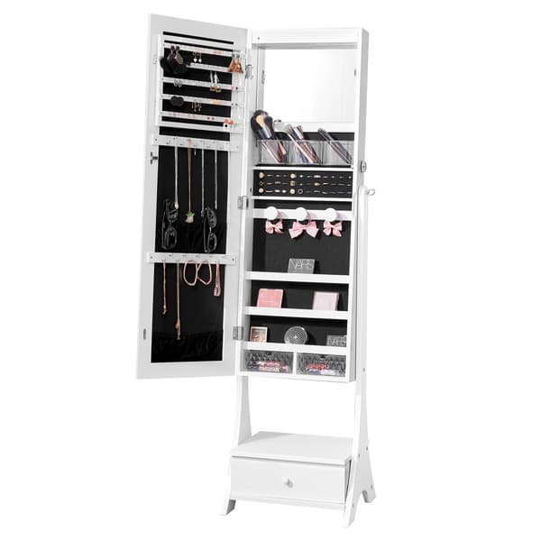 Spegel Smyckesskåp Stående med Förvaring, Full Längd, Vit, Elegant Design, Praktiskt för Smycken och Accessoarer