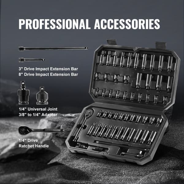 Impact Socket Sæt 55 stk., 6-Punkts 1/4'' Drive, Ratchet Tool Kit, Kompakt Opbevaringskasse, Høj Kvalitet.