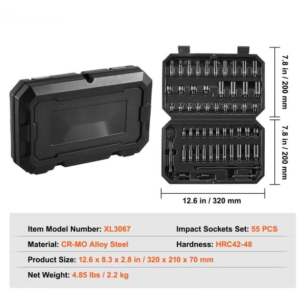 Impact Socket Sæt 55 stk., 6-Punkts 1/4'' Drive, Ratchet Tool Kit, Kompakt Opbevaringskasse, Høj Kvalitet.