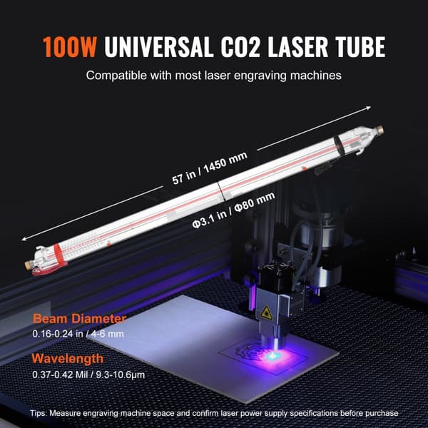 100W CO2 Laserrør 57 Tommer, Borosilikatglas, Laserskærerør, Høj Præcision, Holdbar, Til Lasermaskiner.