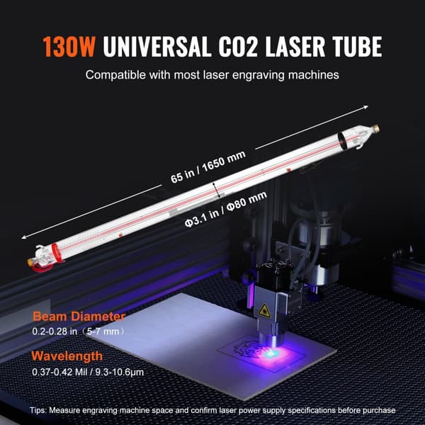 CO2 Laserrör 130W, 65 Tum / 1650 mm, Hög Kvalitet, Borosilikatglas, Precision Skärning, Lång Livslängd