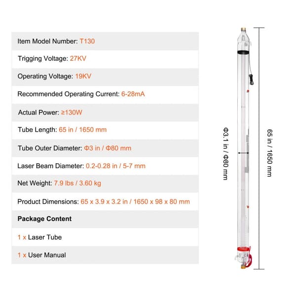 CO2 Laserrör 130W, 65 Tum / 1650 mm, Hög Kvalitet, Borosilikatglas, Precision Skärning, Lång Livslängd