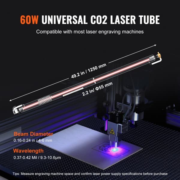 60W CO2 laserrør, 49,2 tommer / 1250 mm, borosilikatglas til laserskæring, holdbar og effektiv.