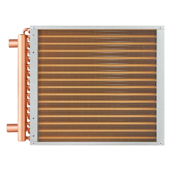 16 x 16 varmeveksler til vand-til-luft, 3-rækket, 3/8 kobberporte, 193 finner, effektiv varmeoverførsel, holdbar konstruktion.