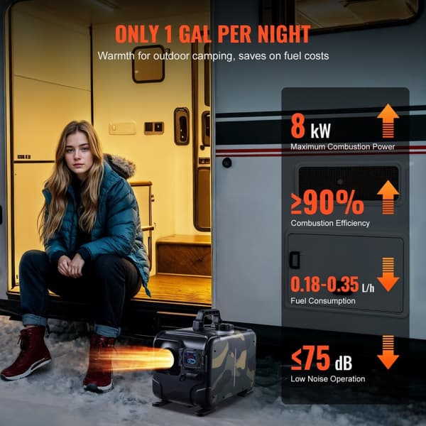 Diesel luftvarmer 8KW, 12V/24V, Bluetooth APP, fjernbetjening, hurtig opvarmning, effektiv varme til camping og garage.