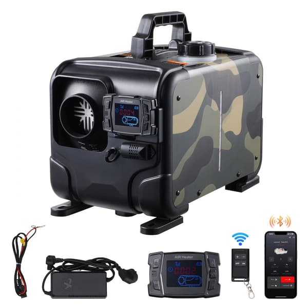 Diesel luftvarmer 8KW, 12V/24V, Bluetooth APP, fjernbetjening, hurtig opvarmning, effektiv varme til camping og garage.