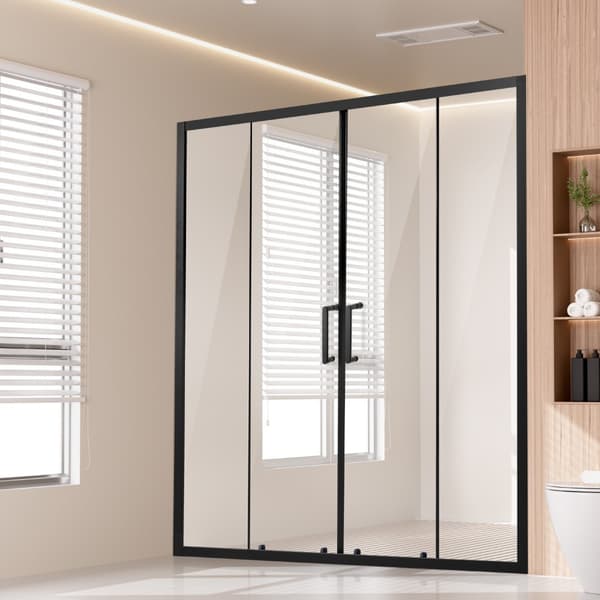 Halvrammeløs dobbelt skydebrusedør, SGCC hærdet glas, mat sort, moderne bruseløsning, nem installation, holdbar kvalitet.