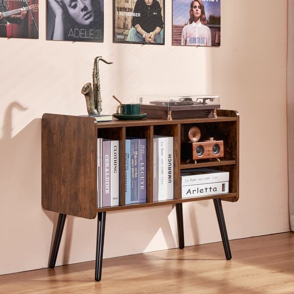 Stilfuldt Pladespillerstativ i Træ, 2 Etagers med 3 Skabe, Brun, Ideel til Vinylplader og Hi-Fi Udstyr
