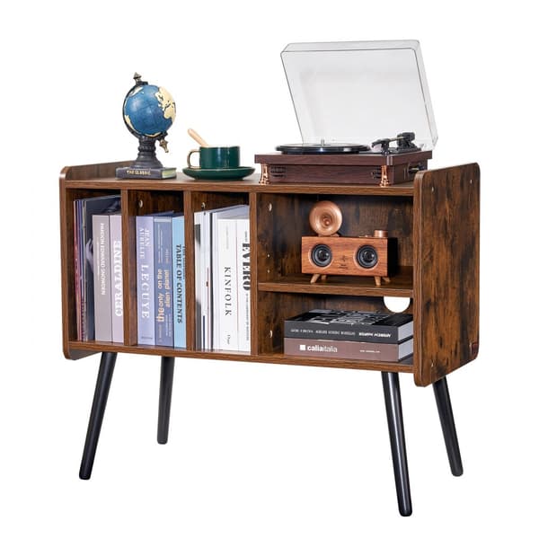 Stilfuldt Pladespillerstativ i Træ, 2 Etagers med 3 Skabe, Brun, Ideel til Vinylplader og Hi-Fi Udstyr