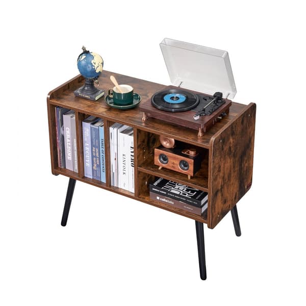 Stilfuldt Pladespillerstativ i Træ, 2 Etagers med 3 Skabe, Brun, Ideel til Vinylplader og Hi-Fi Udstyr