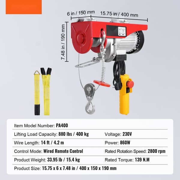 Elektrisk lyftkranvinsch 880 lbs, trådlös fjärrkontroll 14 fot, kraftfull 230V lyftlösning, enkel att använda, hög kapacitet