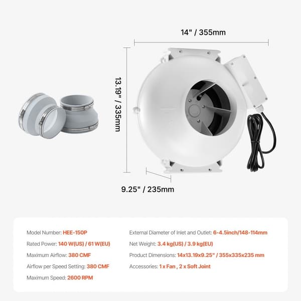 Radonluftrenser Fan System 4”-4,5”, Støjsvag 380CFM, Inline Rør, Vandtæt, Effektiv Radonbeskyttelse