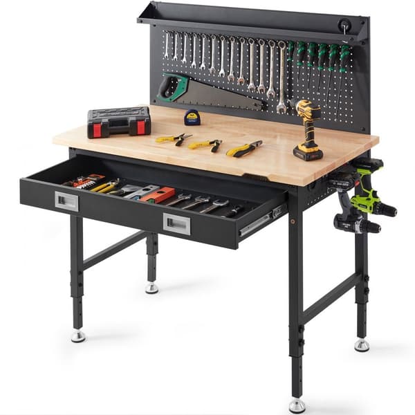 Multifunktionelt massivt træ arbejdsbord 48x24 med Pegboard, strømudtag, holdbar, perfekt til hobby og værksted.