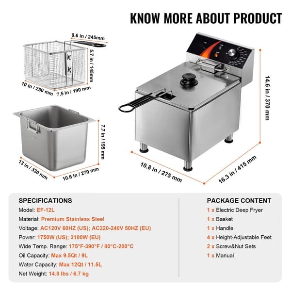Kommerciel elektrisk frituregryde 3100W, 9L, rustfrit stål, opgradering, temperatur op til 200°C, hurtig opvarmning.