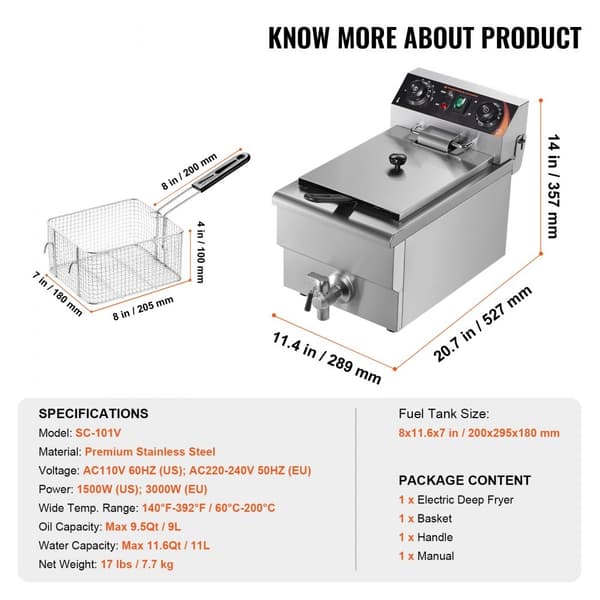 Kommersiell elektrisk fritös 3000W, 9L, rostfritt stål, digital temperaturkontroll, 200°C, professionell matlagning