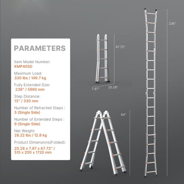 Teleskopstige A-ramme 19 FT forlængelse, multifunktionel, ideel til hjemmearbejde, letvægtsdesign, praktisk opbevaring.