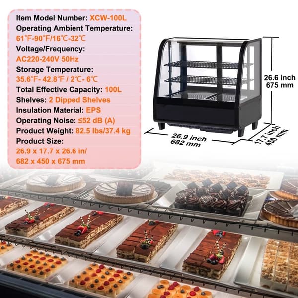 Kylskåp för bageri, 3,5 cu.ft/100L, energisparande LED-belysning, perfekt displaykyl för bakverk och konditorivaror