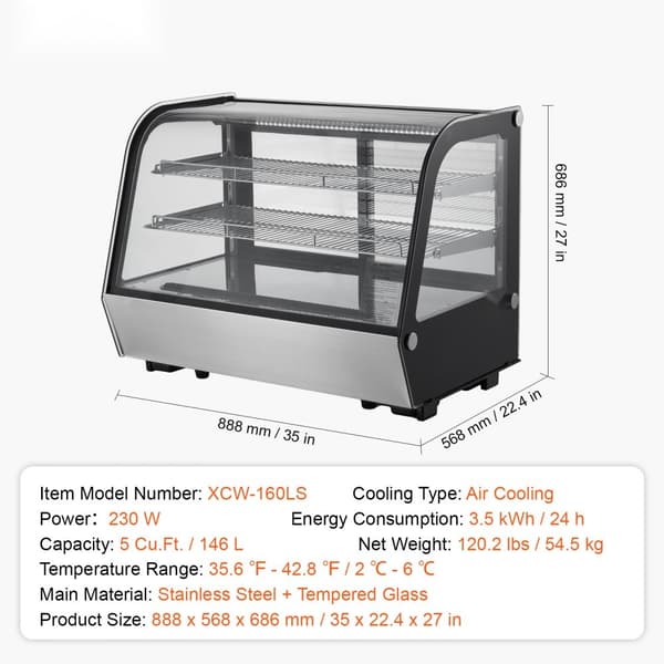 Kylskåp för bageridisk, 5 cu ft/146L, energieffektiv med glasdörr, professionellt kyllösning för bakverk, stilren design och optimal visning