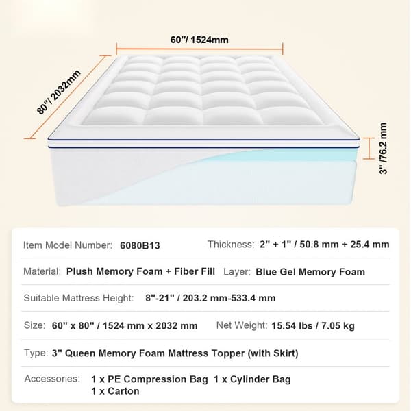 Premium Memory Foam Patjanpäällinen, 76,2 mm Paksuus, Kuningatar-koko, Mukautuva, Mukava ja Kestävä