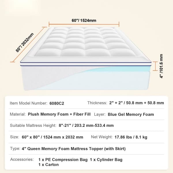 Premium Memory Foam Fiber Topmadras Queen, 101,6 mm tykkelse, komfortabel og støttegivende, ideel til bedre søvn.
