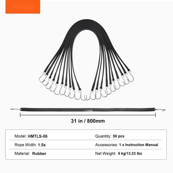 50 Stk Heavy Duty Bungee Cord Sæt 19,8 mm med S-kroge, Flade Bungee Straps til Sikring, Holdbar og Fleksibel.