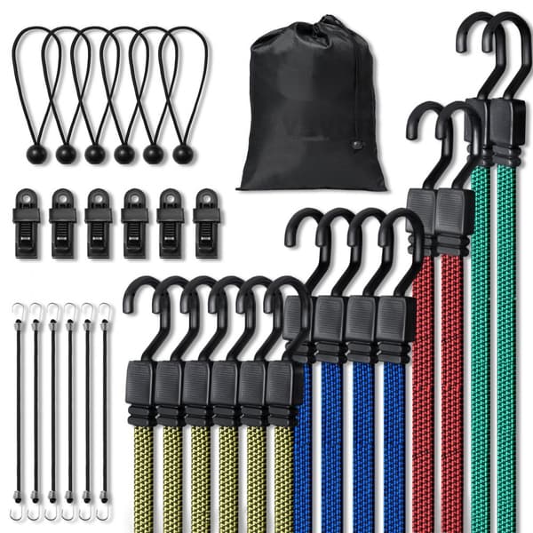 32 Stk Heavy Duty Bungee Cord Sæt 17 mm, Flade Bungee Straps med J-Hooks, Ideel til Sikker Fastgørelse.