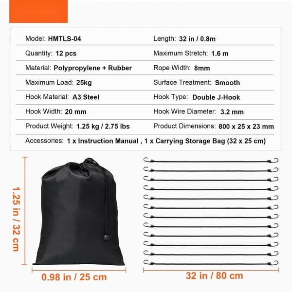 Benjihihnat Koukuilla 32 Tuumaa, 8 mm Musta, 12 Kpl Heavy Duty, Kestävä, Laadukkaat Benjinauhat Erittäin Hyväksi Käyttöön