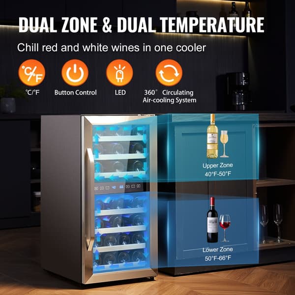 Vinkylare för 33 flaskor, Dual Zone, energieffektiv, fristående med LED-ljus, elegant design, justerbar temperatur, optimal förvaring