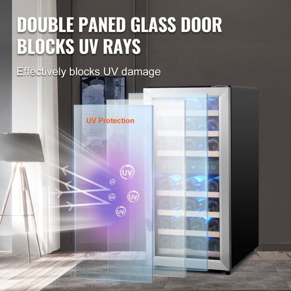 Vinkylare för 33 flaskor, Dual Zone, energieffektiv, fristående med LED-ljus, elegant design, justerbar temperatur, optimal förvaring