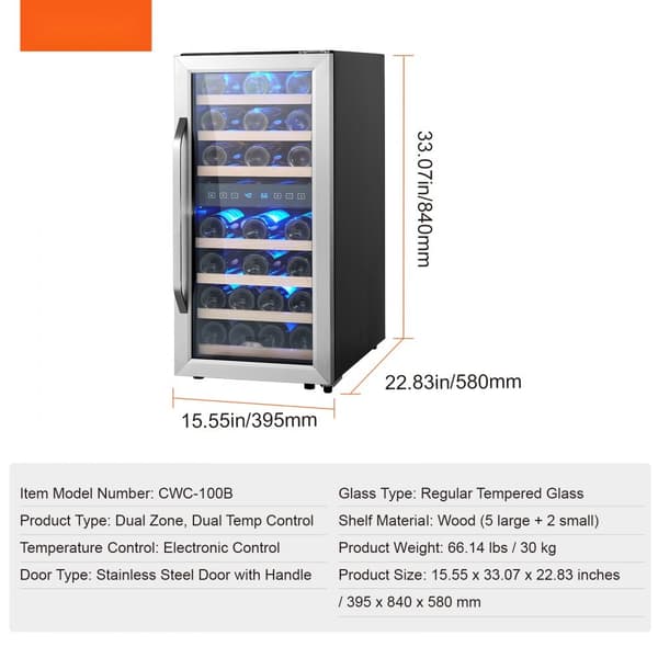 Vinkylare för 33 flaskor, Dual Zone, energieffektiv, fristående med LED-ljus, elegant design, justerbar temperatur, optimal förvaring