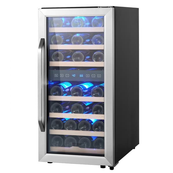Vinkylare för 33 flaskor, Dual Zone, energieffektiv, fristående med LED-ljus, elegant design, justerbar temperatur, optimal förvaring