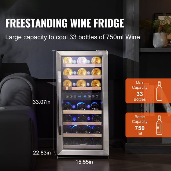 Vinkylare för 33 flaskor, Dual Zone, energieffektiv, fristående med LED-ljus, elegant design, justerbar temperatur, optimal förvaring
