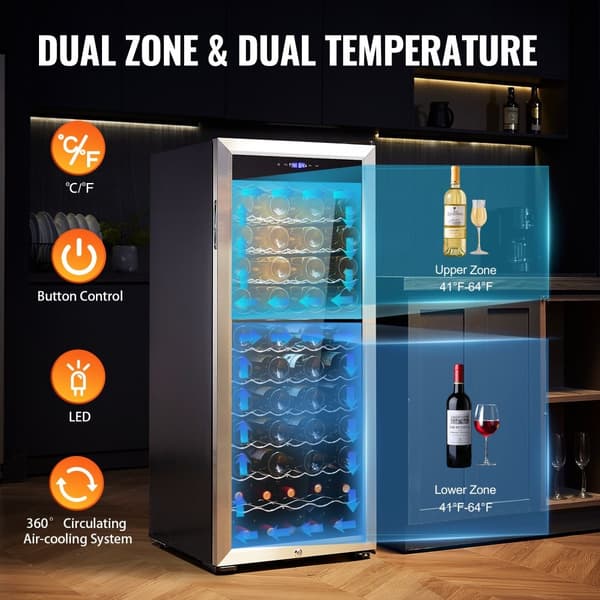 80-flaske vinkøler, Dual Zone fritstående køleskab, LED-belysning, effektiv opbevaring, moderne design.