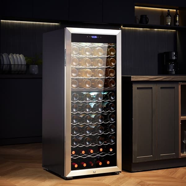 80-flaske vinkøler, Dual Zone fritstående køleskab, LED-belysning, effektiv opbevaring, moderne design.