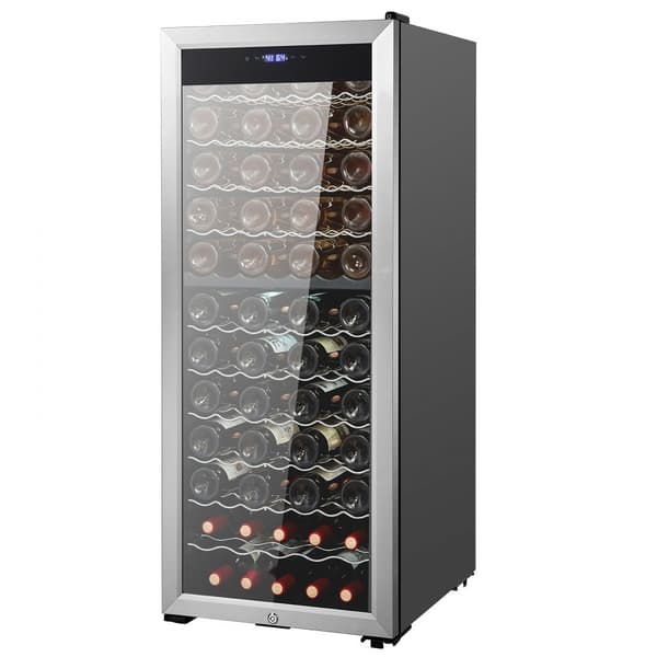 80-flaske vinkøler, Dual Zone fritstående køleskab, LED-belysning, effektiv opbevaring, moderne design.