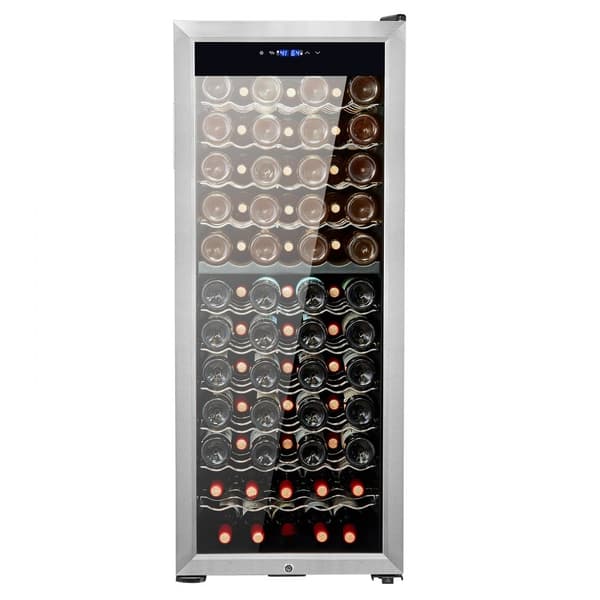 80-flaske vinkøler, Dual Zone fritstående køleskab, LED-belysning, effektiv opbevaring, moderne design.