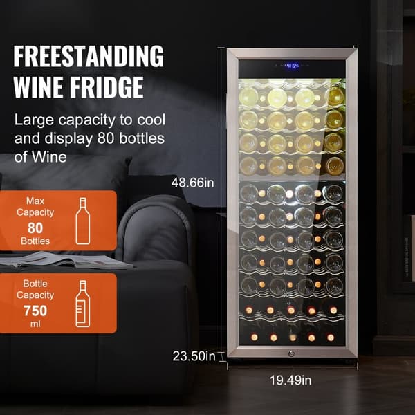 80-flaske vinkøler, Dual Zone fritstående køleskab, LED-belysning, effektiv opbevaring, moderne design.