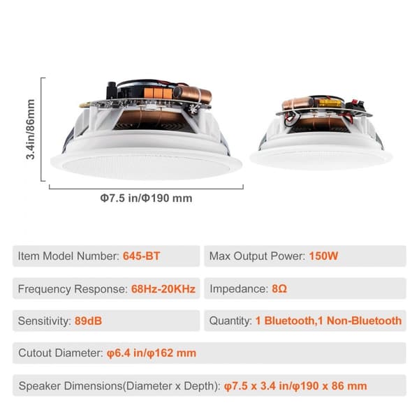 Bluetooth-takhögtalare 2-pack, 6,5 tum, 150W, infälld vägghögtalare, kristallklart ljud, enkel installation, trådlös ljudupplevelse