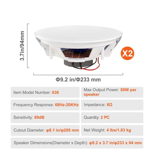 2 stk. 8 loftshøjttalere 50 watt, flush mount, væghøjttalere til hjemmebiograf og lydsystem, nem installation, klar lyd.