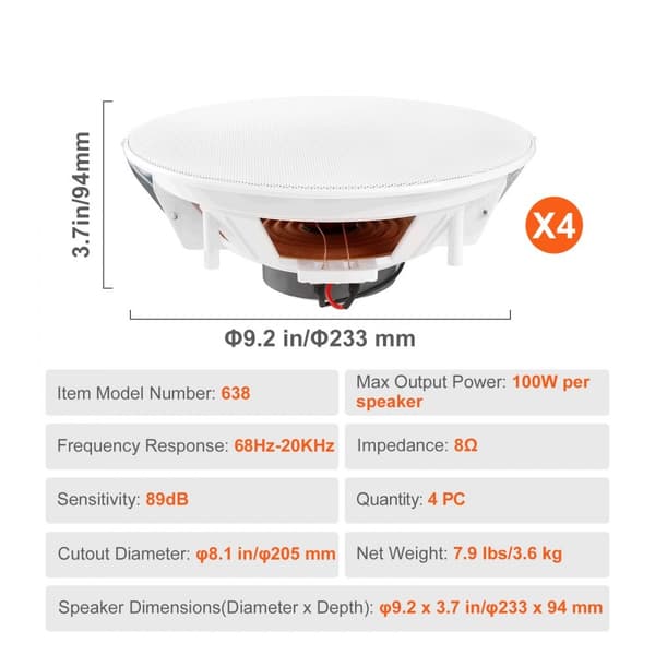 8-tums infällda tak- och vägghögtalare 100W, hög ljudkvalitet, diskret design, perfekt för hem och kontor, enkel installation, 4-pack