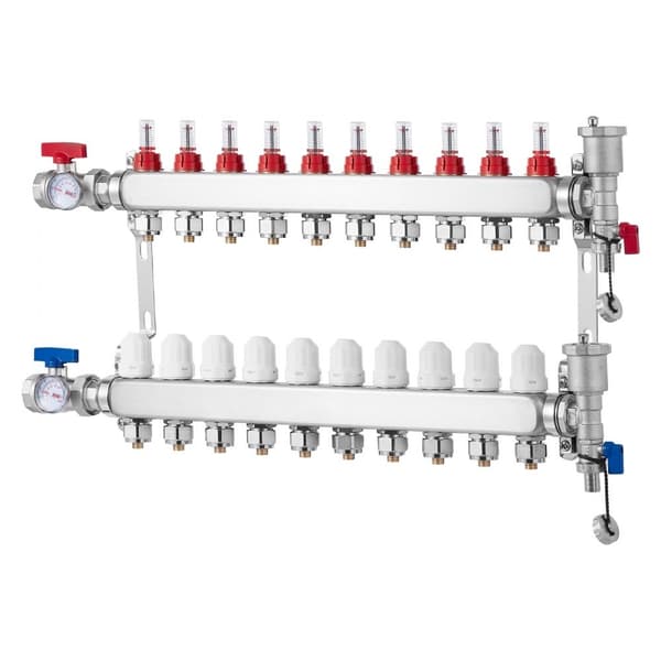 10-grenet strålevarmemanifold, 1/2 PEX-rør, gulvvarme manifold sæt, høj kvalitet, nem installation, energieffektiv.