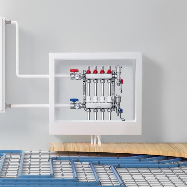4-grenet strålevarmemanifold til 1/2 PEX-rør, gulvvarmemanifold sæt, effektiv opvarmning, holdbar konstruktion, nem installation.